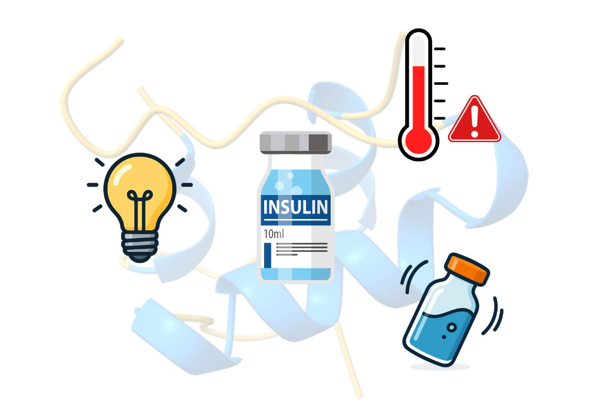 A bottle of insulin that is affected by several factors such as light, movement, and heat