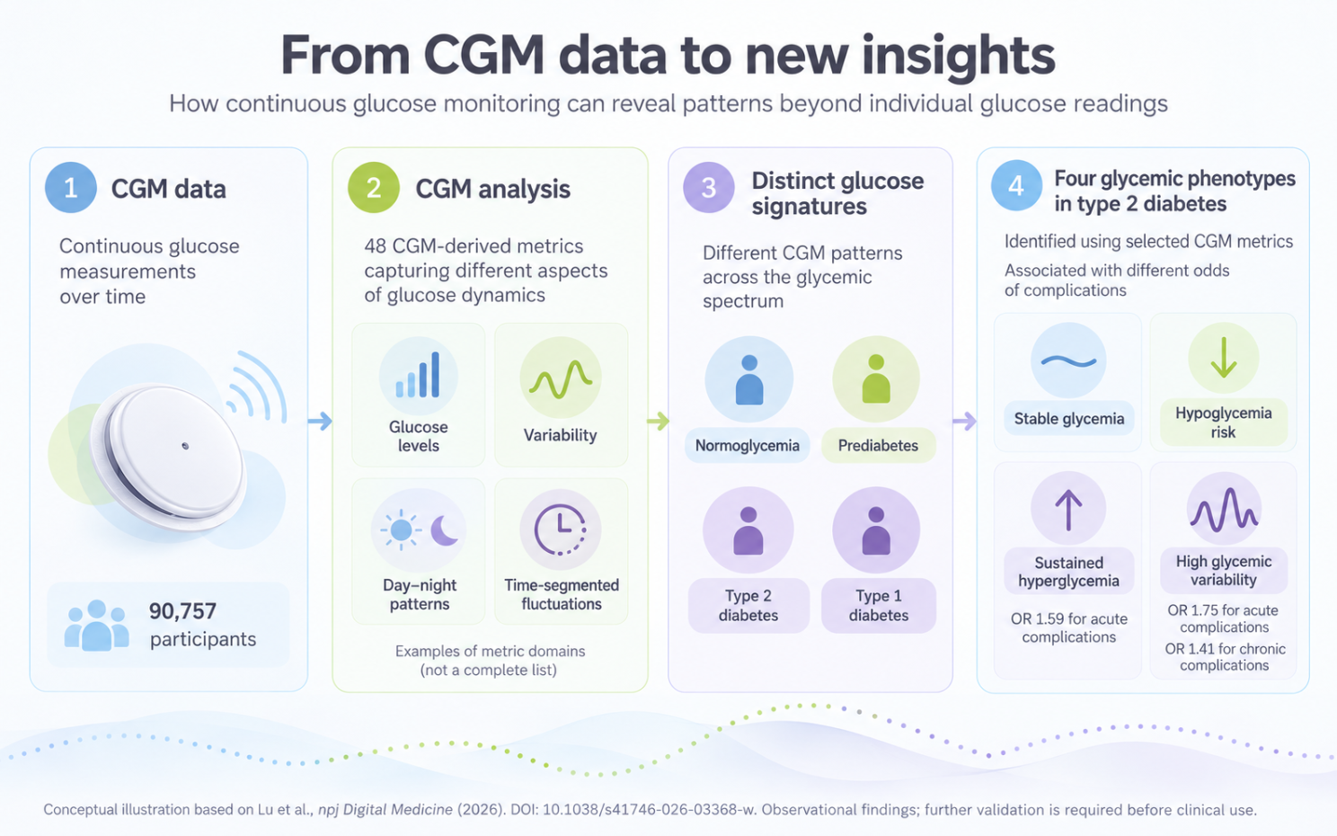 From CGM data to new insights. The study analysed 48 CGM-derived metrics from 90,757 participants and identified distinct glucose patterns across the diabetes spectrum. Among people with type 2 diabetes, four glycemic phenotypes were associated with
